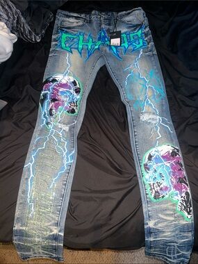 Blue Graphic Skull Lightning Slim Men’s Jeans by